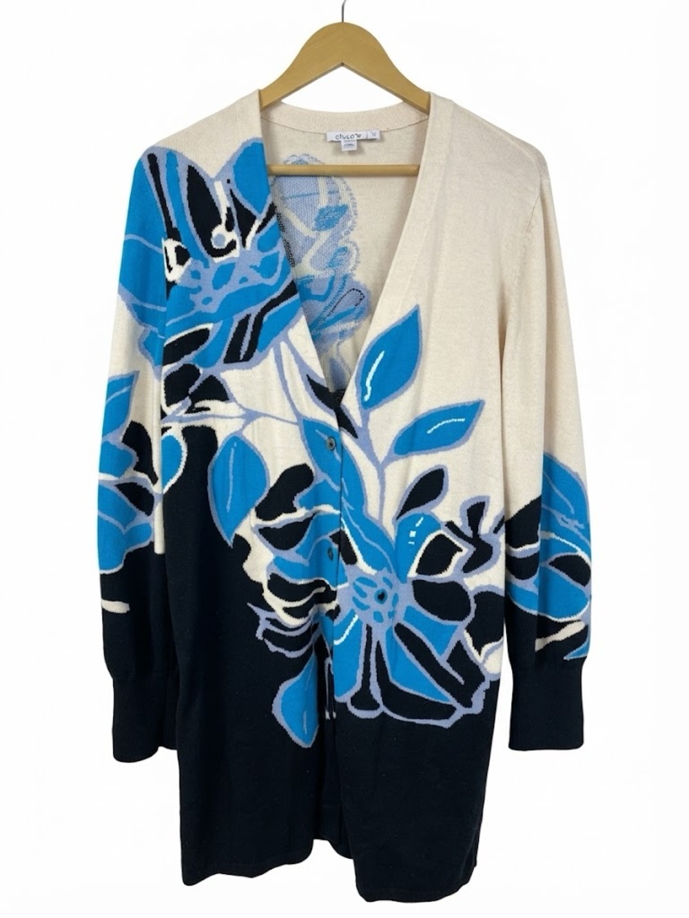 Chico’s Cream, Blue & Black Floral Art Knit Button-Front Cardigan Size L (2)